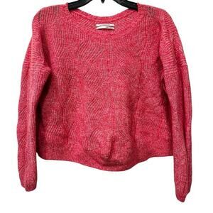 ANTHROPOLOGIE Heathered bubblegum pink short boxy cable knit sweater sz L